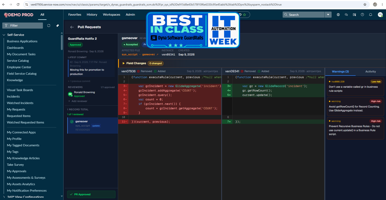 IT Automation Week Best in Class Dyna Software GuardRails source control management interface