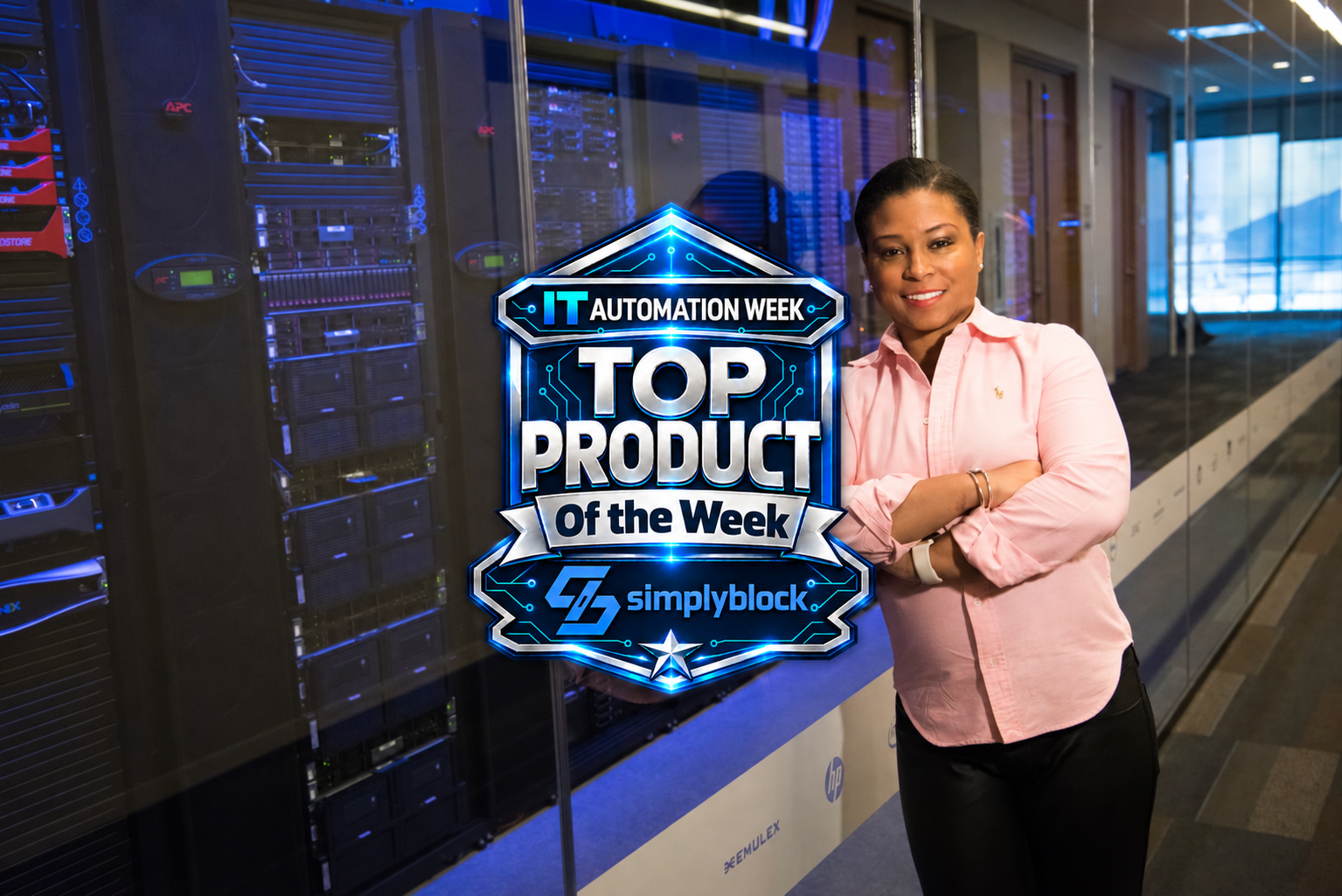 Data center server room with IT Automation Week Top Product of the Week award badge